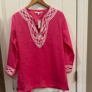Vibrant Pink linen Tunic with White Embroidery